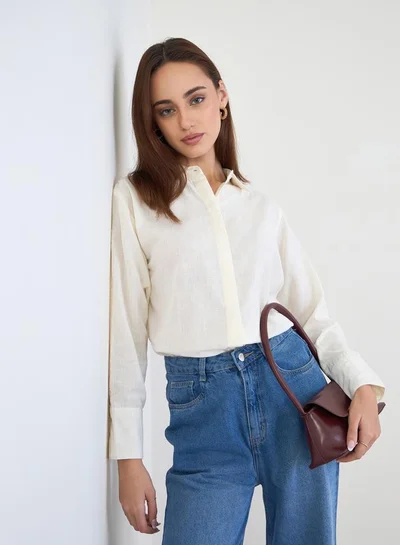 Styli Lace Cutwork Detail Cotton Linen Shirt