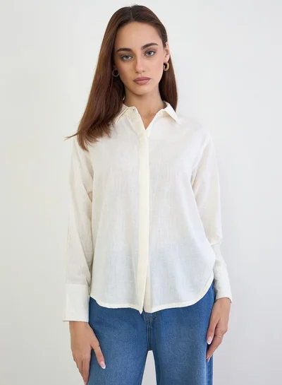 Styli Lace Cutwork Detail Cotton Linen Shirt