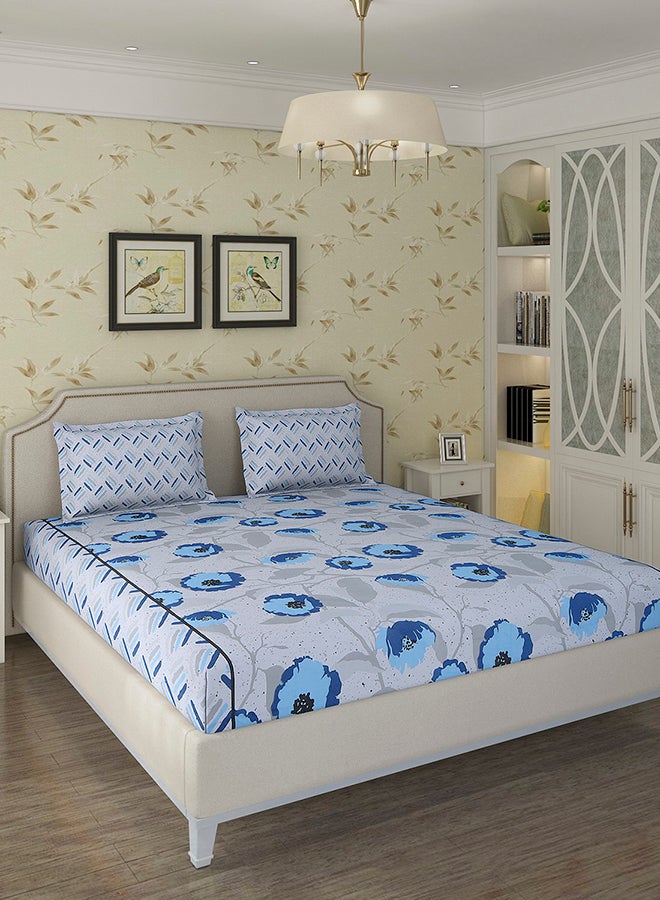Status Contract Spring Summer Collection-Cotton Rich Double Bedsheet with 2 Pillow Covers for Bed Room, Home, Hotel-120 GSM, Blue Flower, 210 X 215 Cm - Image 2