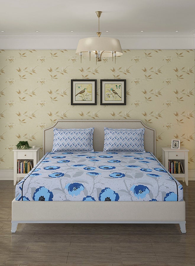 Status Contract Spring Summer Collection-Cotton Rich Double Bedsheet with 2 Pillow Covers for Bed Room, Home, Hotel-120 GSM, Blue Flower, 210 X 215 Cm - Image 1