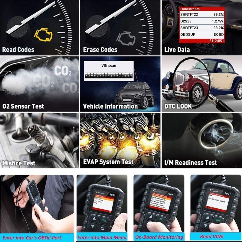 لانش ماسح Creader 3001 OBD2 لتشخيص السيارات، فحص ضوء محرك فحص أنظمة حساس O2، قارئ رموز OBD، أداة مسح لجميع سيارات بروتوكول OBDII منذ عام 1996 - Image 3