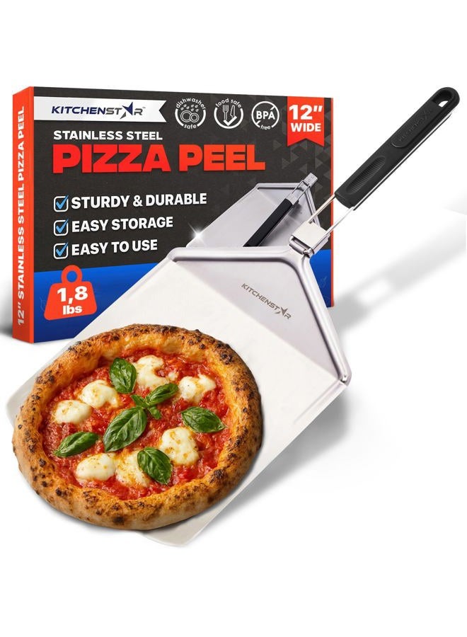 kitchen-star 12" Pizza Peel with Long Folding Handle - Stainless Steel Spatula Paddle for Effortless Pizza Transfer & Easy Storrage - Outdoor Pizza Oven Accessories - Image 1