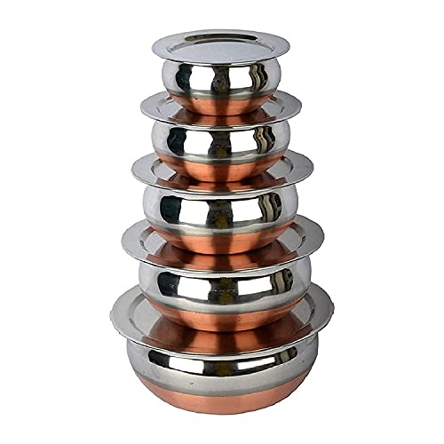 KC Stainless Steel Copper Bottom Kitchen Serving, Cooking Bowl | Biryani Handi | Handi Set 5-Pieces with Cover - Image 1