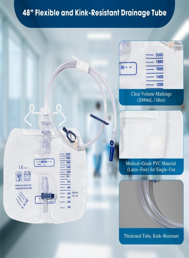 BeHerk 2000mL Catheter Bags for Men and Women 3 Pack Professional Urinary Drainage Bags with Enhanced Anti-Reflux Drip Chamber, 48” Thickened Drainage Tube, Adjustable Clips & Hanging Hook - Image 2