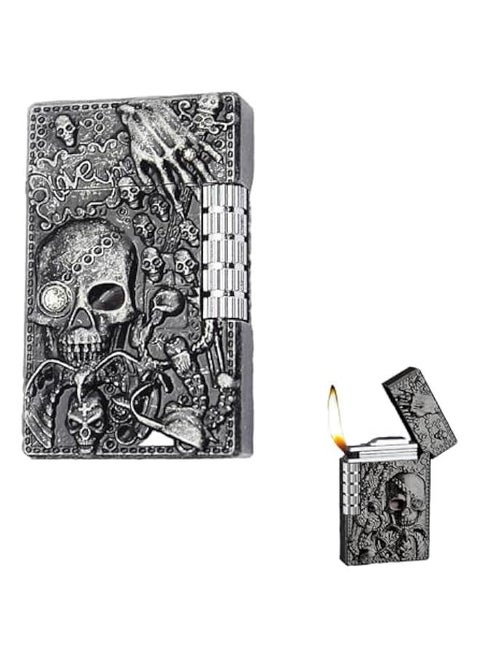Cool Engraved Skull Lighter, Creative Grinding Wheel Butane Lighter, Soft Flame Lighter, Jet Torch Lighter, Adjustable Inflatable, Retro Antique Lighter, Men's Gift (No Gas) - Black Gray