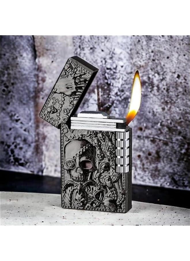 Generic - Cool Engraved Skull Lighter, Creative Grinding Wheel Butane Lighter, Soft Flame Lighter, Jet Torch Lighter, Adjustable Inflatable, Retro Antique Lighter, Men's Gift (No Gas) - Black Gray - Image 1