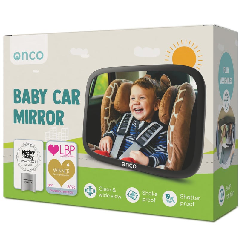Onco Baby Car Mirror - Peace of Mind to Keep an Eye on Baby in a Rear Facing Child seat - Premium Black Frame - Image 1