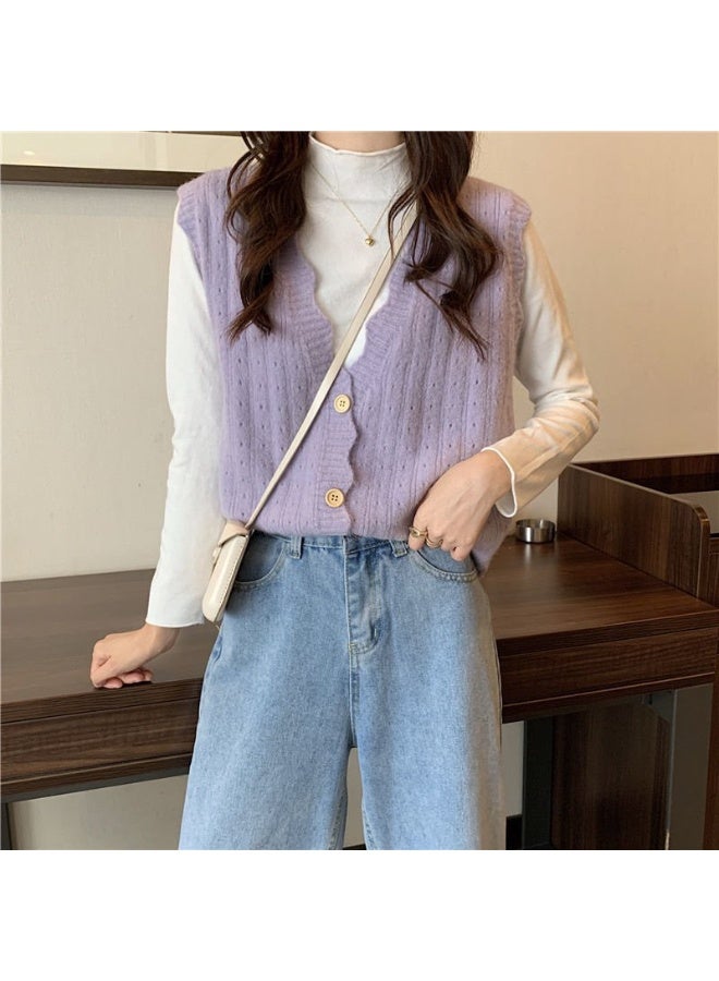 NIBEMINENT Gentle Solid Sweater Vests Women Candy Wave Single Breasted Classic Simple Knit V-neck Sweaters Cardigan Females Chic Sleeveless - Image 3