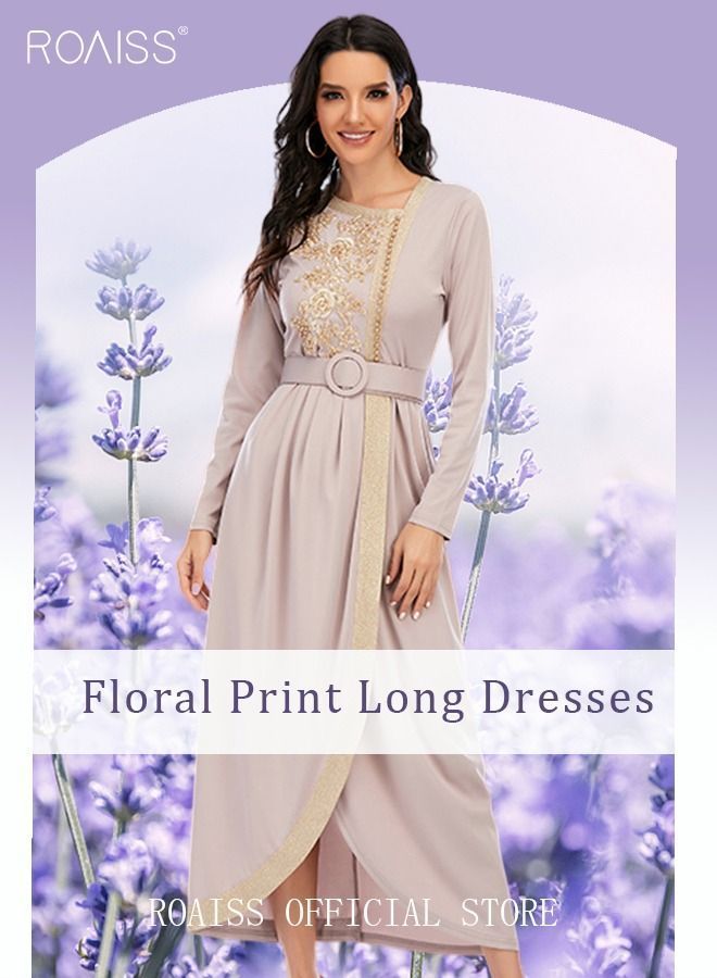 NIBEMINENT Maxi Dress for Women Long Sleeve Waist Belt Asymmetric Neck Casual Loose Floral Print Dresses Embroidered Lace Beaded Flared Lace-up Black - Image 1