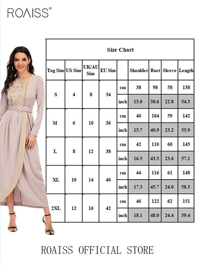 NIBEMINENT Maxi Dress for Women Long Sleeve Waist Belt Asymmetric Neck Casual Loose Floral Print Dresses Embroidered Lace Beaded Flared Lace-up Black - Image 5