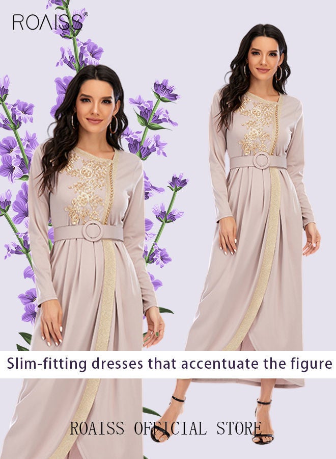 NIBEMINENT Maxi Dress for Women Long Sleeve Waist Belt Asymmetric Neck Casual Loose Floral Print Dresses Embroidered Lace Beaded Flared Lace-up Black - Image 4