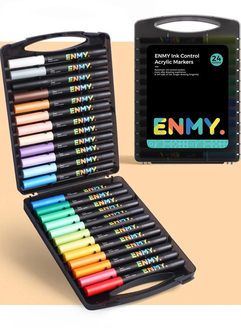 العدو مجموعة أقلام تلوين أكريليك سائل مباشر من ENMY – ‎24 لونًا زاهيًا مع درجات البشرة | أقلام تلوين احترافية للرسم على القماش، الخشب، الزجاج، السيراميك، الحجر والورق | حبر مائي غير سام، قابل للغسل، سريع الجفاف وطويل الأمد | مثالي للفنانين والأعمال اليدوية والهدايا - Image 1