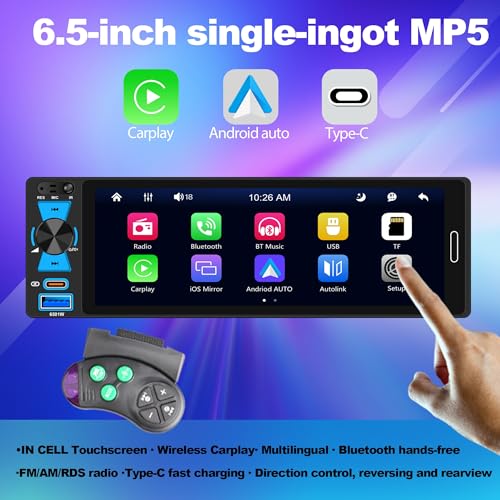 AmoyJebit 6.5" Single Din Car Stereo Wireless Apple CarPlay Android Auto, Car Radio Bluetooth 5.2, FM/AM/RDS, IPS HD Touchscreen, Type-C Fast Charging - Image 2