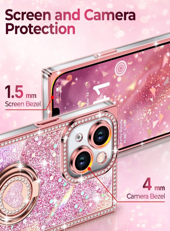 XYZ جراب XYZ لهاتف iPhone 14، غطاء هاتف لامع براق مع حامل على شكل قلب بحلقتين وحبل، جراب فاخر مرصع بأحجار الراين مقاوم للصدمات لهاتف iPhone 14، وردي اللون - Image 4