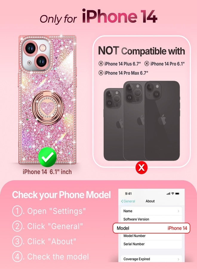 XYZ جراب XYZ لهاتف iPhone 14، غطاء هاتف لامع براق مع حامل على شكل قلب بحلقتين وحبل، جراب فاخر مرصع بأحجار الراين مقاوم للصدمات لهاتف iPhone 14، وردي اللون - Image 2