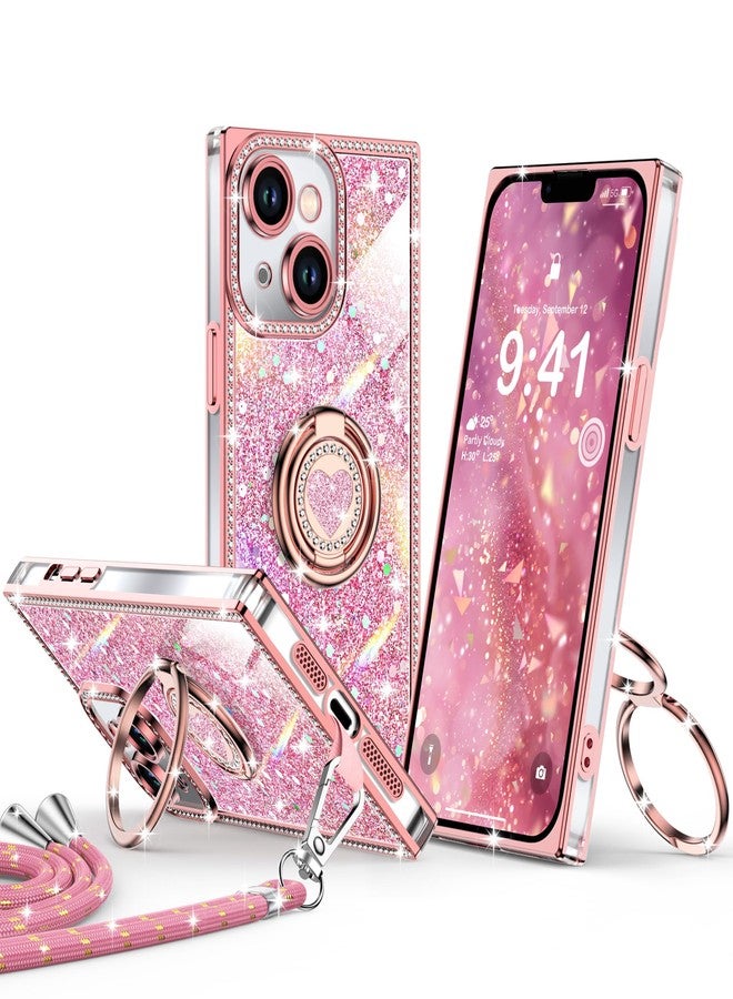 XYZ جراب XYZ لهاتف iPhone 14، غطاء هاتف لامع براق مع حامل على شكل قلب بحلقتين وحبل، جراب فاخر مرصع بأحجار الراين مقاوم للصدمات لهاتف iPhone 14، وردي اللون - Image 1