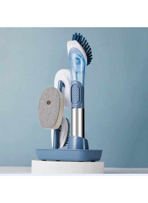 Dish Brush with Soap Dispenser Dish Scrubber with 4 Replacement Heads Kitchen Cleaning Brush for Sink Pot Pan (Blue)