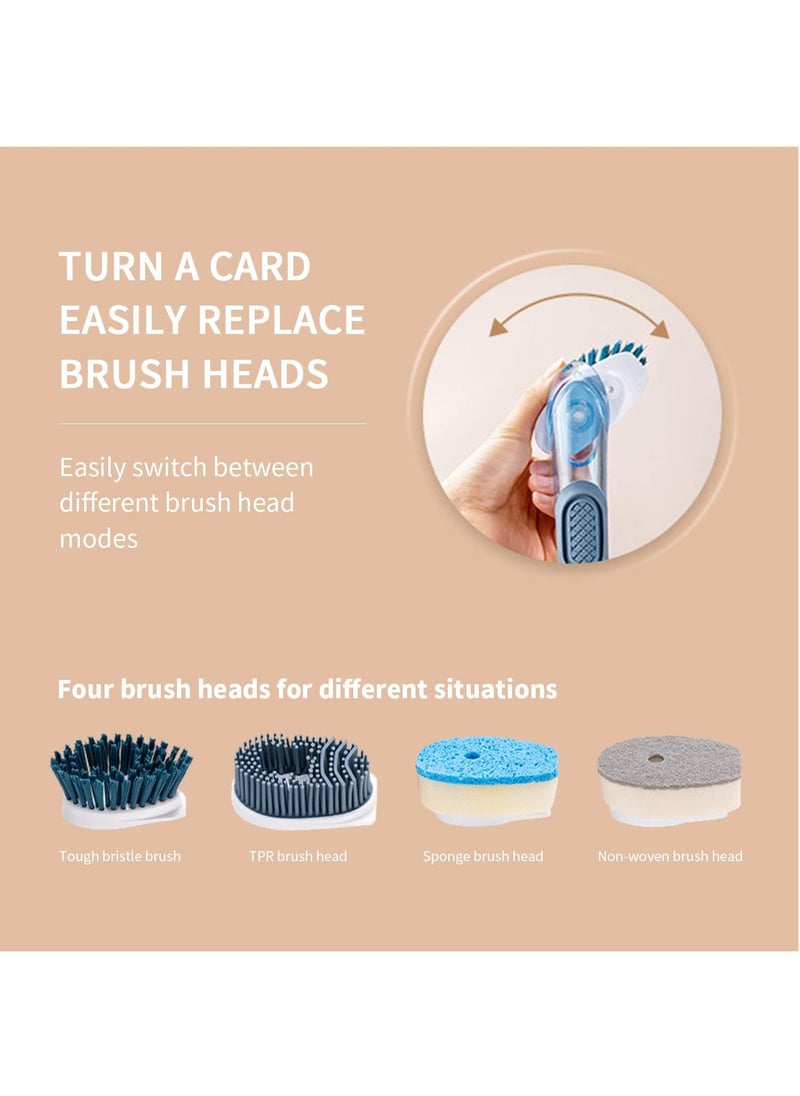 Dish Brush with Soap Dispenser Dish Scrubber with 4 Replacement Heads Kitchen Cleaning Brush for Sink Pot Pan (Blue)