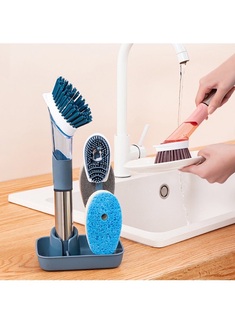 Dish Brush with Soap Dispenser Dish Scrubber with 4 Replacement Heads Kitchen Cleaning Brush for Sink Pot Pan (Blue)