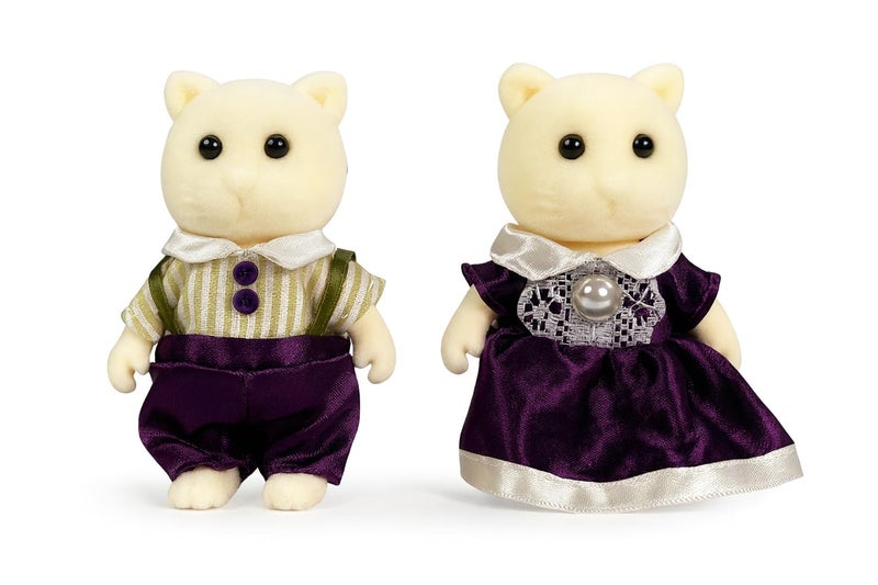 OLEOCA Family Cream Cat Figures â€” Set of 2 Collectible Flocked Mini Dolls with Removable Clothes, Miniature Dollhouse Pretend Play Figures for Kids Ages 3+ - Image 1