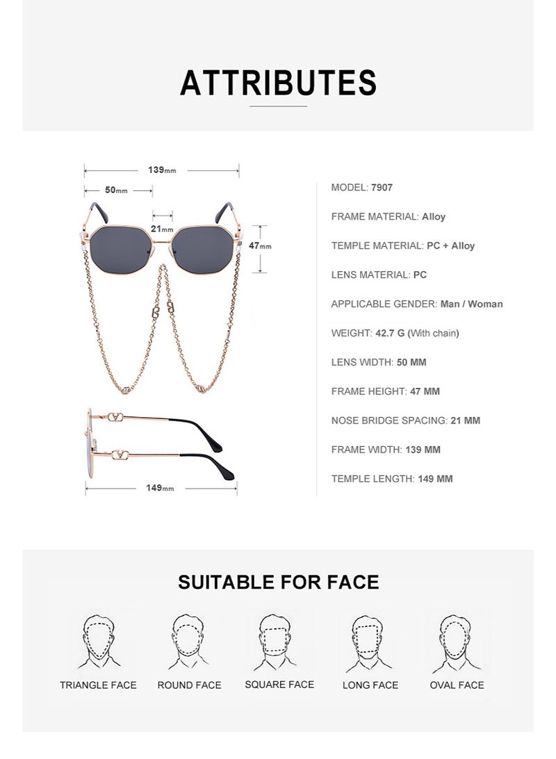 V-Shaped Polygon Sunglasses with Chain for Women Men, UV400 Protection, Luxury Gold Alloy Frame, Fashion Shades - Image 5