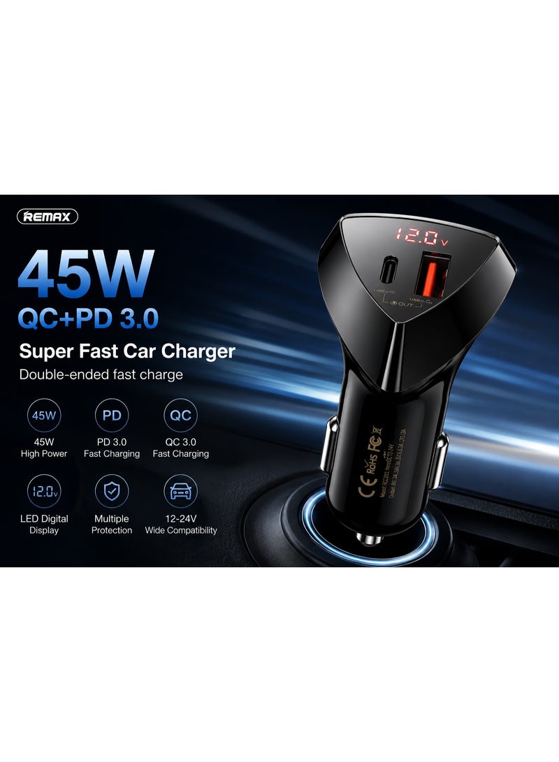 ريماكس شاحن سيارة RCC232 بقوة 45 واط بمنفذ USB من النوع C - محول ولاعة سجائر مزدوج الأطراف فائق السرعة مع شاشة عرض رقمية ومخرج 5.5 أمبير - Image 3