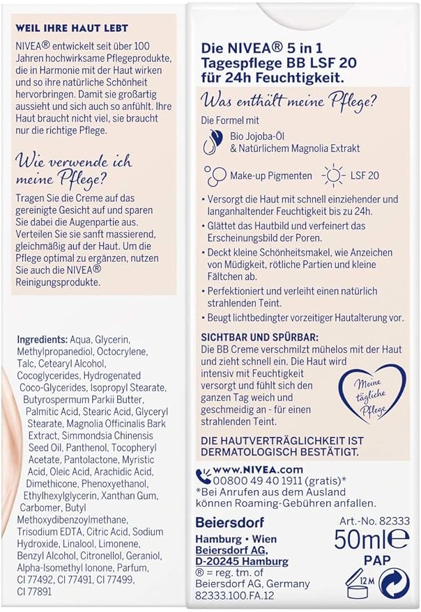 Nivea NIVEA BB 5 in 1 Day Cream 24h Moisture 50 ml BB Cream for Light Skin Types with SPF 20 Tinted Day Cream with Organic Jojoba Oil Makeup Pigments - Image 2