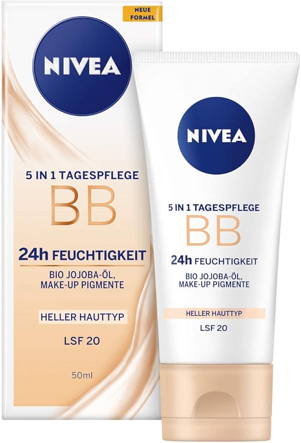 Nivea NIVEA BB 5 in 1 Day Cream 24h Moisture 50 ml BB Cream for Light Skin Types with SPF 20 Tinted Day Cream with Organic Jojoba Oil Makeup Pigments - Image 1