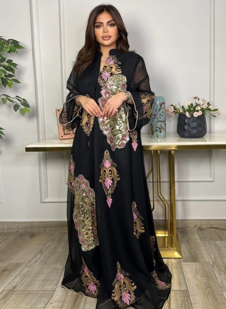 Loquat Ladies Mesh Fabric Robe Sequin Embroidered Long Dress Muslim Abaya Evening Dress Black - Image 1
