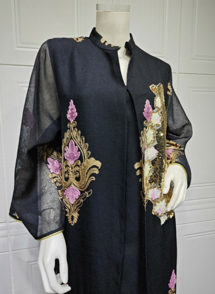Loquat Ladies Mesh Fabric Robe Sequin Embroidered Long Dress Muslim Abaya Evening Dress Black - Image 2