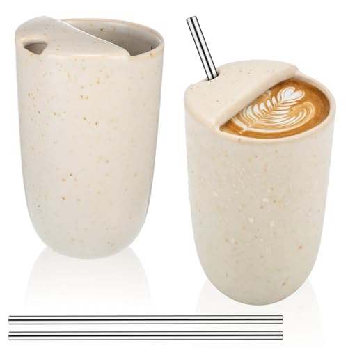 Ferrochef 2 Pack Ceramic Coffee Mug with Sip Hole 95oz Retro Espresso Cup with Straws Travel Mug Handpainted Porcelain Coffee Tea Cup Novelty for Kitchen Milk Juice Cappuccino Latte Speckle White - Image 1