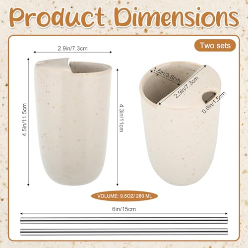 Ferrochef 2 Pack Ceramic Coffee Mug with Sip Hole 95oz Retro Espresso Cup with Straws Travel Mug Handpainted Porcelain Coffee Tea Cup Novelty for Kitchen Milk Juice Cappuccino Latte Speckle White - Image 3