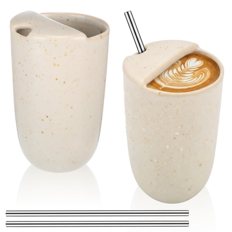 Ferrochef 2 Pack Ceramic Coffee Mug with Sip Hole 95oz Retro Espresso Cup with Straws Travel Mug Handpainted Porcelain Coffee Tea Cup Novelty for Kitchen Milk Juice Cappuccino Latte Speckle White - Image 2
