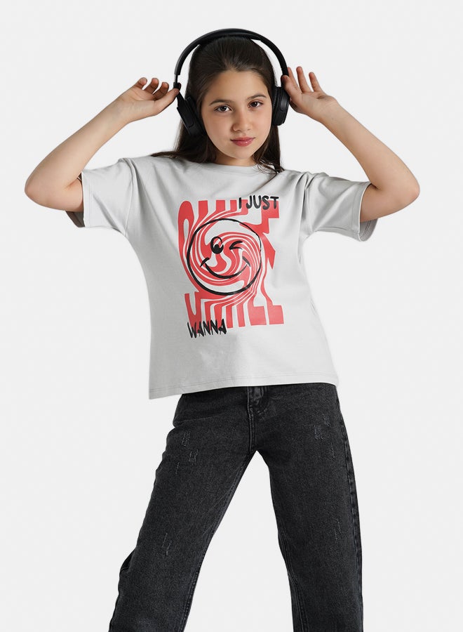 ريمينت تيشرت للبنات برسمة سمايل رمادي  - Image 1