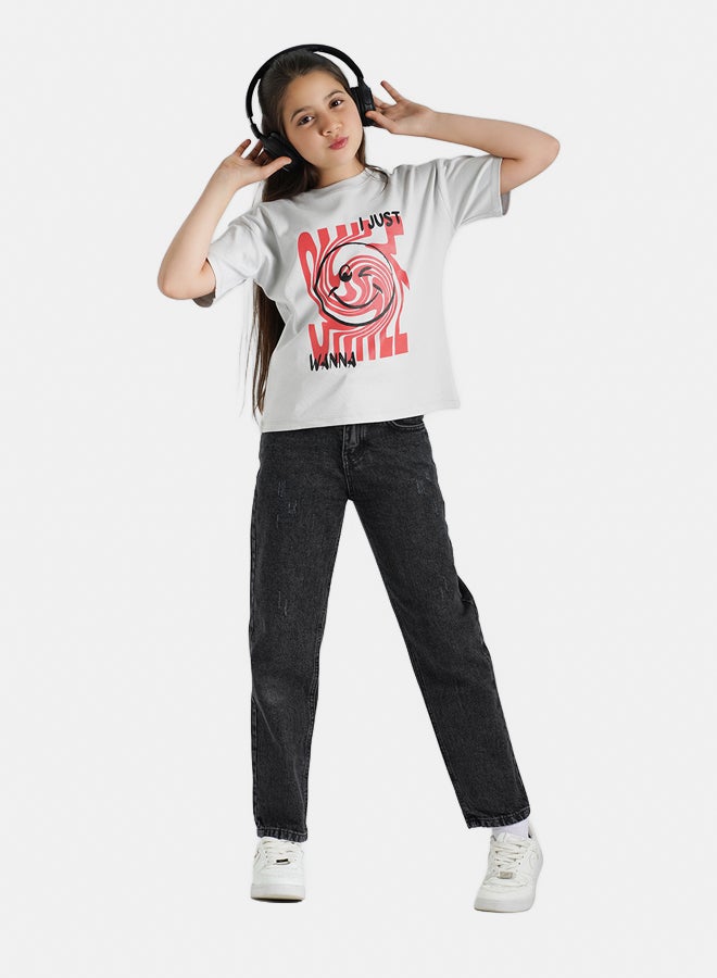 ريمينت تيشرت للبنات برسمة سمايل رمادي  - Image 2