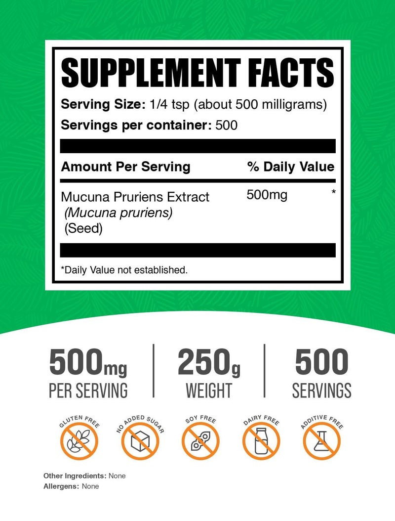 BulkSupplements.com Mucuna Pruriens Extract Powder - Mucuna Pruriens Supplements, Herbal Supplement - Vegan & Gluten Free, 500mg per Serving, 250g (8.8 oz) (Pack of 1) - Image 2
