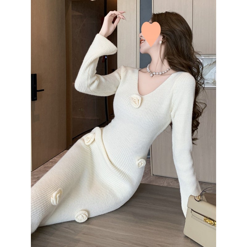 White V-Neck Knitted Long-Sleeved Dress for Women in Autum Coat with Bottoming Slim Fit Hip-Hugging Baby Mother Sweater Long Skirt White - Image 2