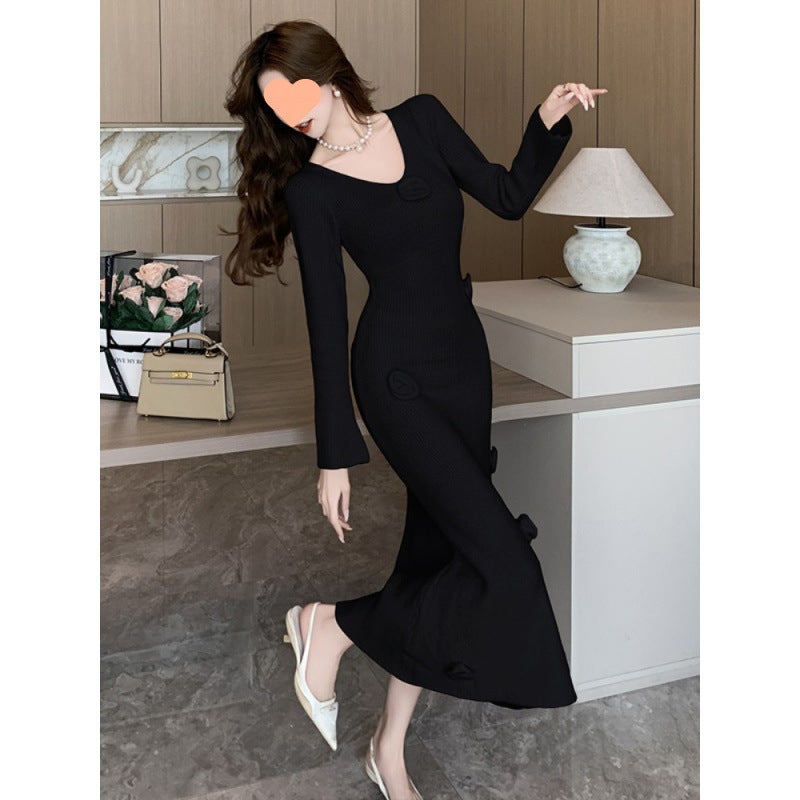 White V-Neck Knitted Long-Sleeved Dress for Women in Autum Coat with Bottoming Slim Fit Hip-Hugging Baby Mother Sweater Long Skirt White - Image 5