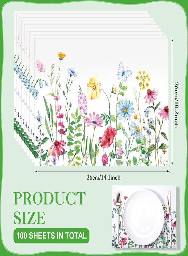 Moinchore 100 Pack Floral Paper Placemats for Dining Table Setting, Watercolor Flower Disposable Placement Mats Spring Summer Table Mats for Bridal Shower Wedding Party Supplies, 10 x 14 Inch - Image 2