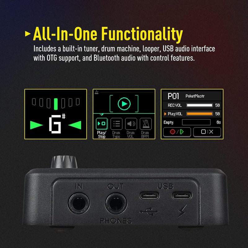 SONICAKE QME-10GY ماستر جيب - دواسة جيتار متعددة التأثيرات مع 9 وحدات تأثير 100 إيقاع درام و لوبر 100 إعدادات 20 مضخم/كاب تأثيرات جيتار كهربائي مع واجهة صوت OTG USB بلوتوث - Image 4