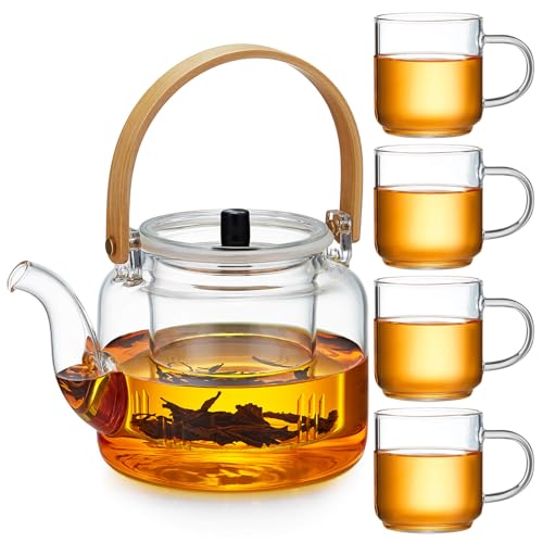 Unbreakable Glass Teapot Set, 37OZ/1100ML Glass Tea Kettle with 4 Double Wall Teacups, Tea Pot with Infusers for Loose Tea, Stovetop & Microwave Safe Tea Maker - Image 1