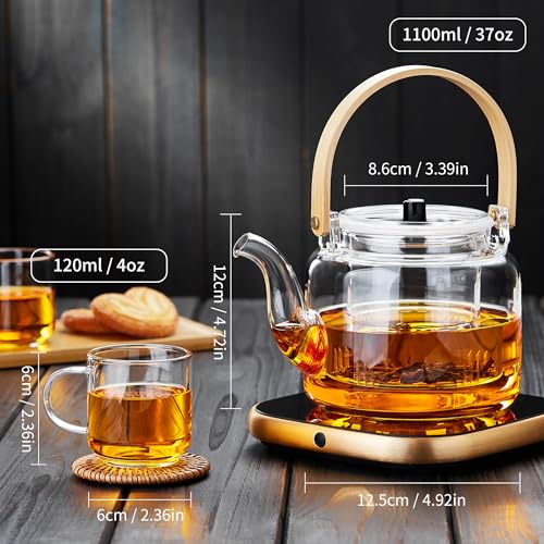 Unbreakable Glass Teapot Set, 37OZ/1100ML Glass Tea Kettle with 4 Double Wall Teacups, Tea Pot with Infusers for Loose Tea, Stovetop & Microwave Safe Tea Maker - Image 2