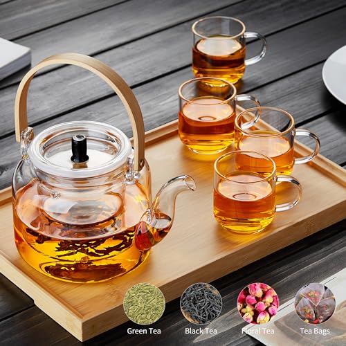 Unbreakable Glass Teapot Set, 37OZ/1100ML Glass Tea Kettle with 4 Double Wall Teacups, Tea Pot with Infusers for Loose Tea, Stovetop & Microwave Safe Tea Maker - Image 4