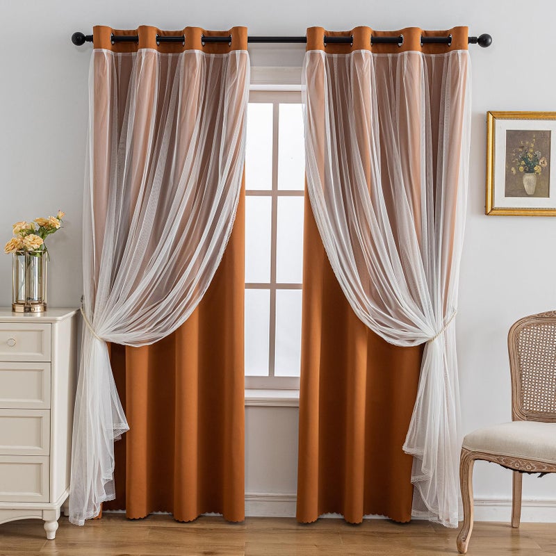 Anytime Home Curtains Blackout and Sheer Layered Solid Window Curtain Panel Pair with Grommet Top, 52Wx63L,Orange - Image 1