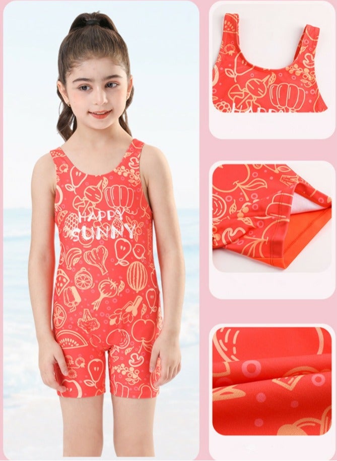Loquat Girls Printed One Piece Sleeveless Swimsuit Kids Water Sport Short Bathing Suits Orange - Image 3