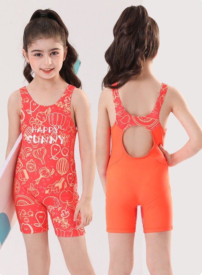 Loquat Girls Printed One Piece Sleeveless Swimsuit Kids Water Sport Short Bathing Suits Orange - Image 4