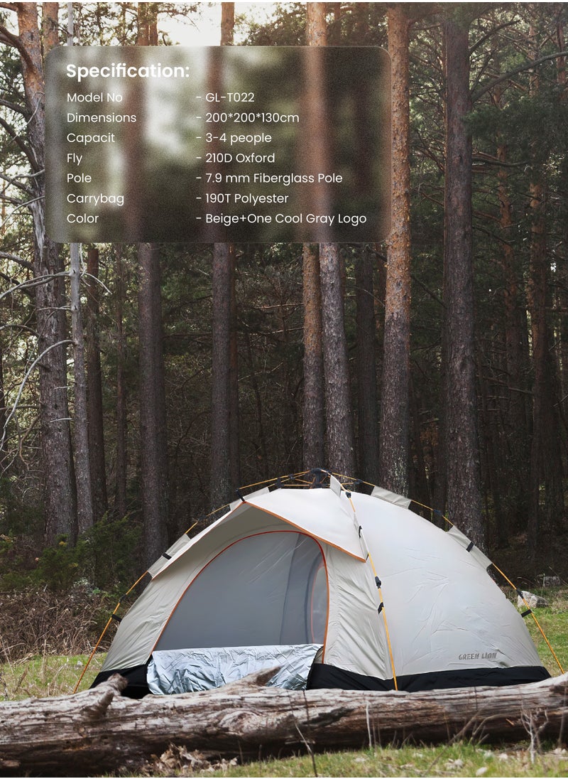 GREEN LION - GT-3 Camping Tent / 3-4 People Capacity / 210D Oxford Floor / Polyester Silver Coating Fly / UV Protection / Lightweight / Waterproof / Ventilated Mesh / Windproof Rope - Beige - Image 1