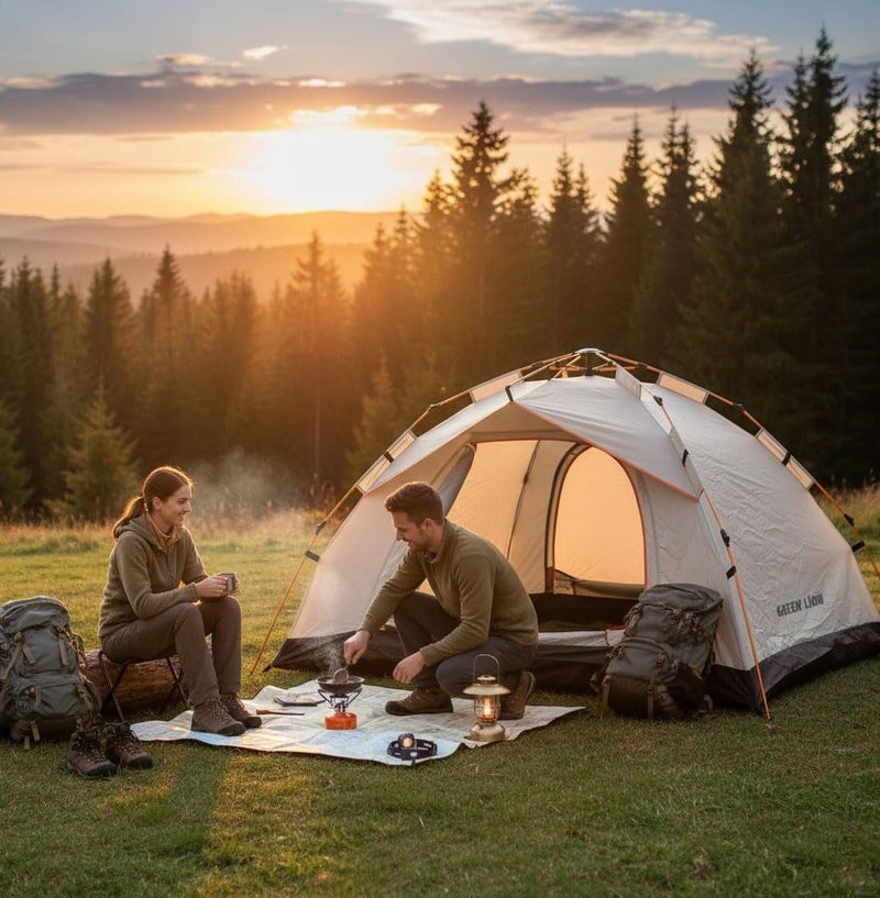 جرين ليون خيمة GT-3 للتخييم، سعة 3-4 أشخاص، أرضية أكسفورد 210D، قماش بوليستر مع طلاء فضي، حماية من الأشعة فوق البنفسجية، خفيفة الوزن، مقاومة للماء، تهوية شبكية، حبل مقاوم للرياح - بيج - Image 1