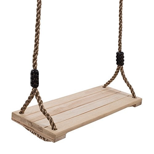 Hey Play Wooden Swing Outdoor Flat Bench Seat with Adjustable Nylon Hanging Rope for Kids Playset Frame or Tree Backyard Swinging Toy Brown 80SA062 - Image 1