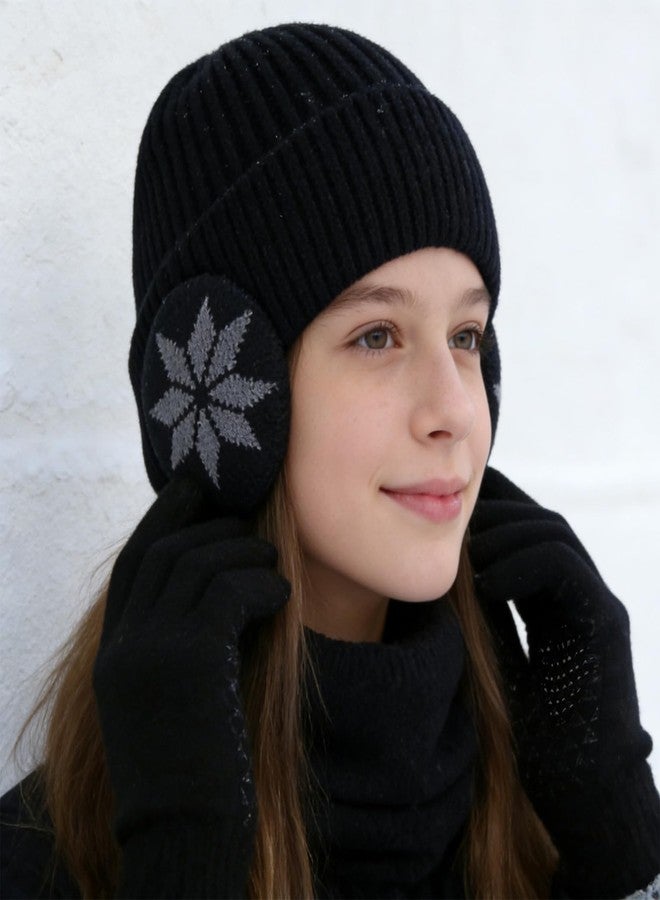 Hagsfire 6 Pieces Kids Winter Hat Glove Scarf Set Knitted Toddler Warm Skull Cap Beanie with Ear Flaps Fleece Lined Touchscreen Mitten Neck Warmer for Boys Girls 5-14 Years - Image 4
